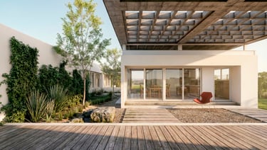 galería moderna con patio interno y casa con gran ventanal. arquitectura con sentido.
