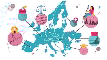 a map of Europe with symbols of statistics, work, house, voting, law, disability