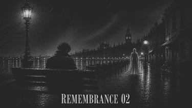 Dibujo lúgubre de hombre sentado bajo lluvia frente a figura fantasmal en Londres.