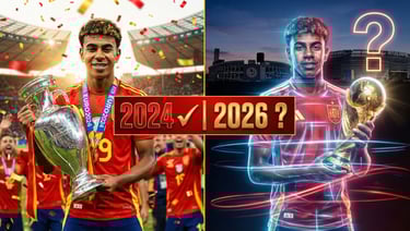 Lamine Yamal holding the Euro 2024 trophy alongside a conceptual image questioning his potential to