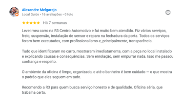 Avaliação 5 estrelas do Google Meu Negócio da R3 Centro Automotivo