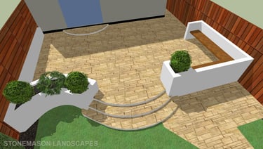 Raised Patio, Curved Steps & Raised White Wall Rendered Planters & Bench 3D Model