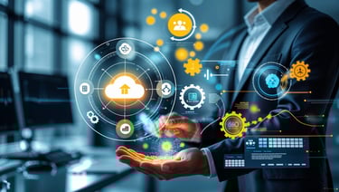a man in a suit holding a hologram with a cloud computing icon