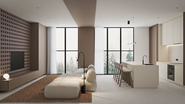 Modern minimalist open plan living room and kitchen featuring a beige modular sofa and floor-to-ceiling windows with a snowy