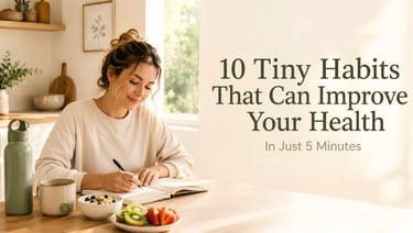 Woman enjoying a healthy morning routine with a journal, herbal tea, and nutritious breakfast.