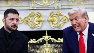 Volodymyr Zelensky com uma expressão séria e Donald Trump sorrindo em um encontro.