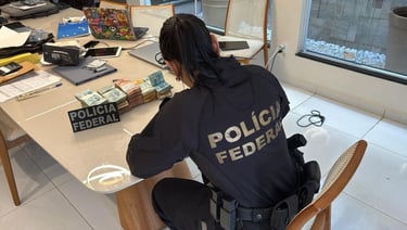 Uma policial federal sentada em uma mesa, com pilhas de dinheiro na frente.