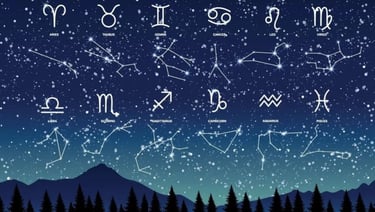 Ilustração de todas as constelações dos doze signos do zodíaco em uma noite estrelada.