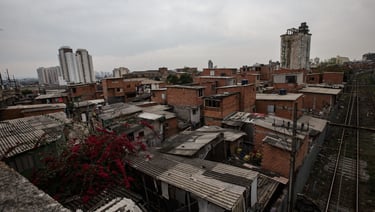 a city view of a city with a train passing by