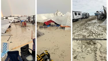Montagem fotográfica do festival Burning Man sob chuva, mostrando tendas destruídas e lama