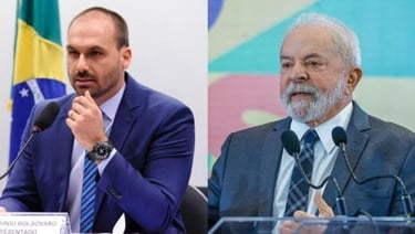 Montagem fotográfica de Eduardo Bolsonaro e Lula em eventos políticos.