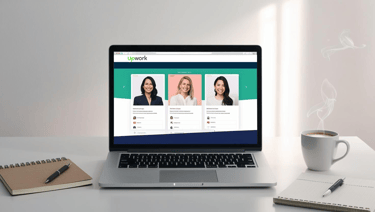 a laptop screen showing Upwork page and a cup of coffee