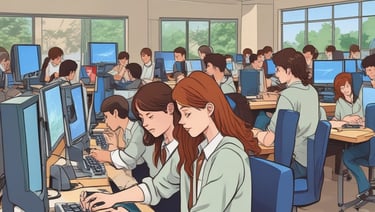 A classroom with five nurses in uniforms seated at desks, facing a blackboard where another nurse is writing. Anatomical charts and a skeleton model are visible, indicating a lesson on human anatomy.