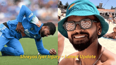 Shreyas Iyer injury update photo collage showing beach picture and injury moment on field
