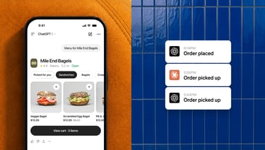ChatGPT mobile app interface displaying bagel shop menu items and food delivery status notifications.