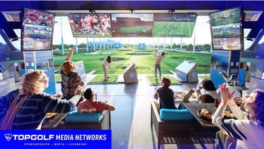 Friends playing Topgolf and watching football games on large TV screens in a sports bar atmosphere.