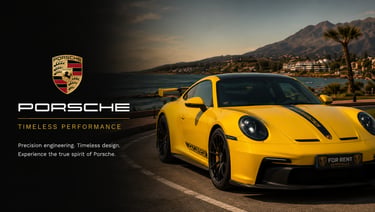 Yellow Porsche 911 GT3 RS luxury sports car parked on a scenic coastal road at sunset.