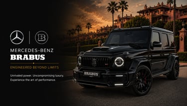 A black Mercedes-Benz Brabus G-Wagon luxury SUV parked at sunset in front of a Mediterranean villa.