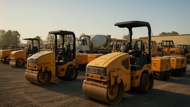 Wide shot of an organized equipment yard: compactors, generators and a concrete mixer parked in rows on packed gravel, morning light, no crew — machinery condition and fleet scale visible