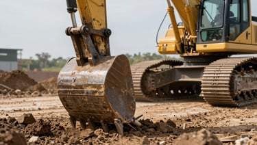 Close-up of excavator bucket teeth breaking hard earth on an active road construction site, natural midday light, operator cabin visible in background, raw mechanical detail