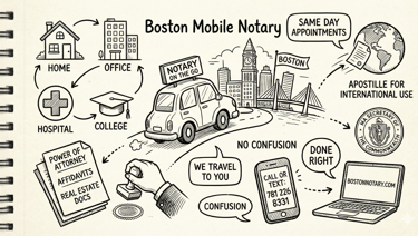 Boston mobile notary signing documents at client home in Boston Massachusetts
