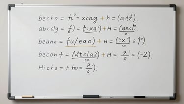 A high-fidelity digital whiteboard mockup displaying a complex quadratic equation solved step-by-step with clean golden annotations, 16:9 aspect ratio