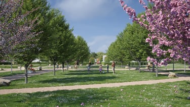 Aménagement paysager du lotissement Domaine du Parc à Belbeuf avec allée piétonne et arbres en fleur