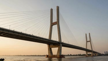 Low-angle wide shot of a completed cable-stayed bridge at golden hour, spanning a wide river, structural cables radiating from twin towers, warm amber light catching concrete surfaces, industrial scale dominating the frame