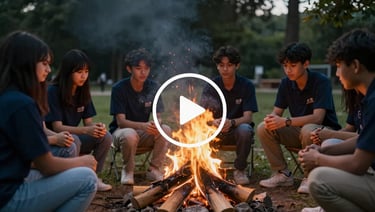 Cinematic YouTube video thumbnail showing students around a campfire during field camp, overlay play button icon in the center, dark atmospheric lighting.