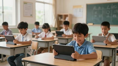 A wide environmental shot of a modern, bright classroom in a developing region, children smiling and learning with new digital tablets, soft natural window light.