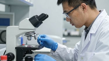 Laboratory technician analyzing samples under accelerated testing conditions with modern equipment.
