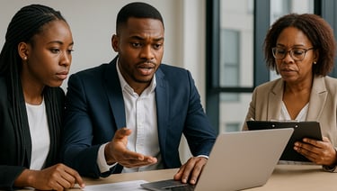 a man and woman sitting at a table with a laptop
