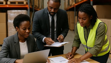 a man and woman in a warehouse setting