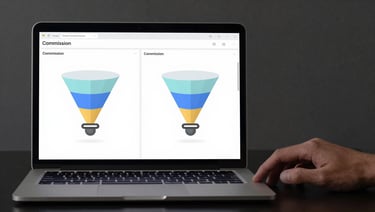 Wide panoramic shot of a laptop screen showing a split-test commission dashboard with two funnel variants side by side, hands resting on the keyboard edge, cool studio rim light casting separation on the dark desk surface, left two-thirds occupied by the screen data, right third open negative space