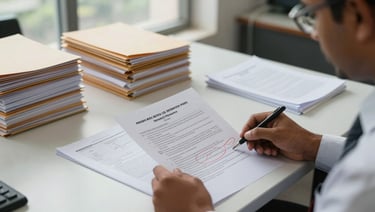 Wide shot of an Indian loan consultant at a large desk reviewing printed RBI policy documents, daylight from a wide office window, stacks of organized folders visible, close-up of circled interest rate figures on paper