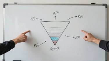 Wide-angle overhead shot of a whiteboard covered in growth funnel diagrams and KPI annotations, two sets of hands pointing at a conversion metric, natural north-facing office light