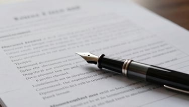 Close-up of structured legal documents, fountain pen on high-quality heavy paper, natural soft side light from an afternoon office window, quiet academic atmosphere.