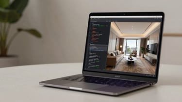 Sleek dark laptop screen mockup showing a clean lines of code next to an embedded Kuula 360 interactive tour of a luxury apartment interior.
