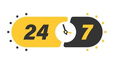 Yellow and black 24/7 customer service icon with a clock symbol representing round-the-clock availability.