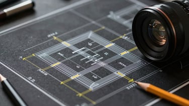 Macro high-contrast photograph of a technical architectural blueprint with structural lines and yellow pencil markings on a dark drafting table