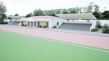 Football pavilion and spectator stands at Play and Preach International Youth Development Campus