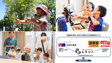 過去のＵＲ賃貸住宅でのイベント等の写真と、こども食堂「こども夢くらぶ」で、むすびえ、株式会社吉野家および丸大食品株式会社の協力を得て、地域で活動するこども食堂への支援がわかる相関図。