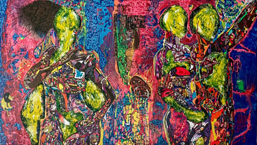 Abstract mixed media painting featuring colorful figures in lime green and earth tones against a vibrant pink and blue