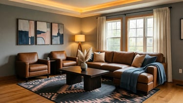Urban rustic living room with industrial elements, warm wood, and contemporary styling