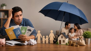Person comparing insurance options while a protected family symbolizes the right LIC policy choice.