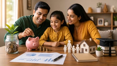 Indian family planning savings, education, and future financial goals together at home.