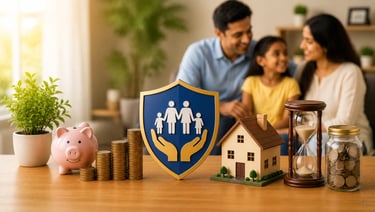LIC New Jeevan Anand concept showing family, savings, home, and lifelong financial protection symbol