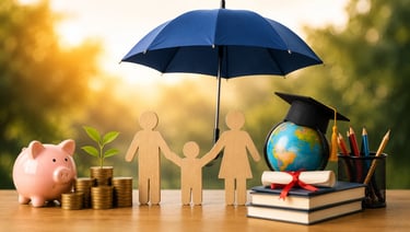 Family, savings, and education symbols representing long-term financial security for a child.