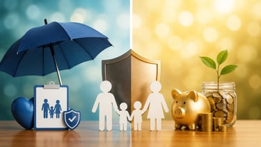Family protected by insurance on one side and savings growth symbols on the other.