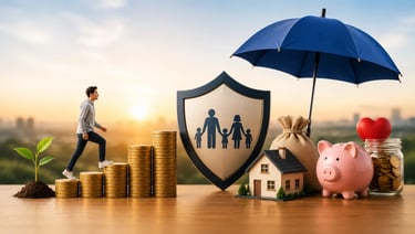 Young adult building financial security through early life insurance, savings, and family protection
